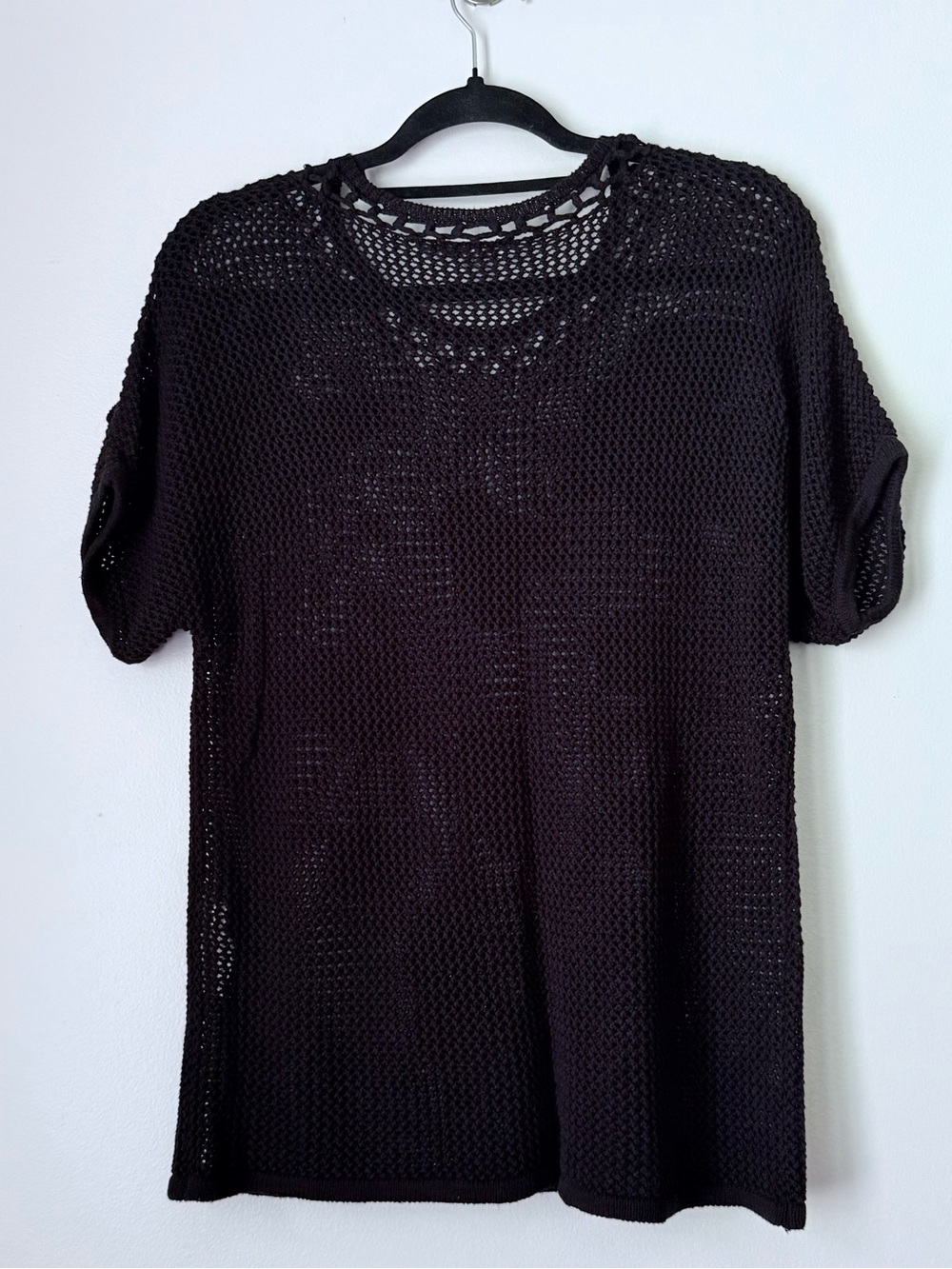 Chico's Black Crochet Knit Short Sleeve Sweater Floral Applique Boho Mesh Sz S - Picture 4 of 7